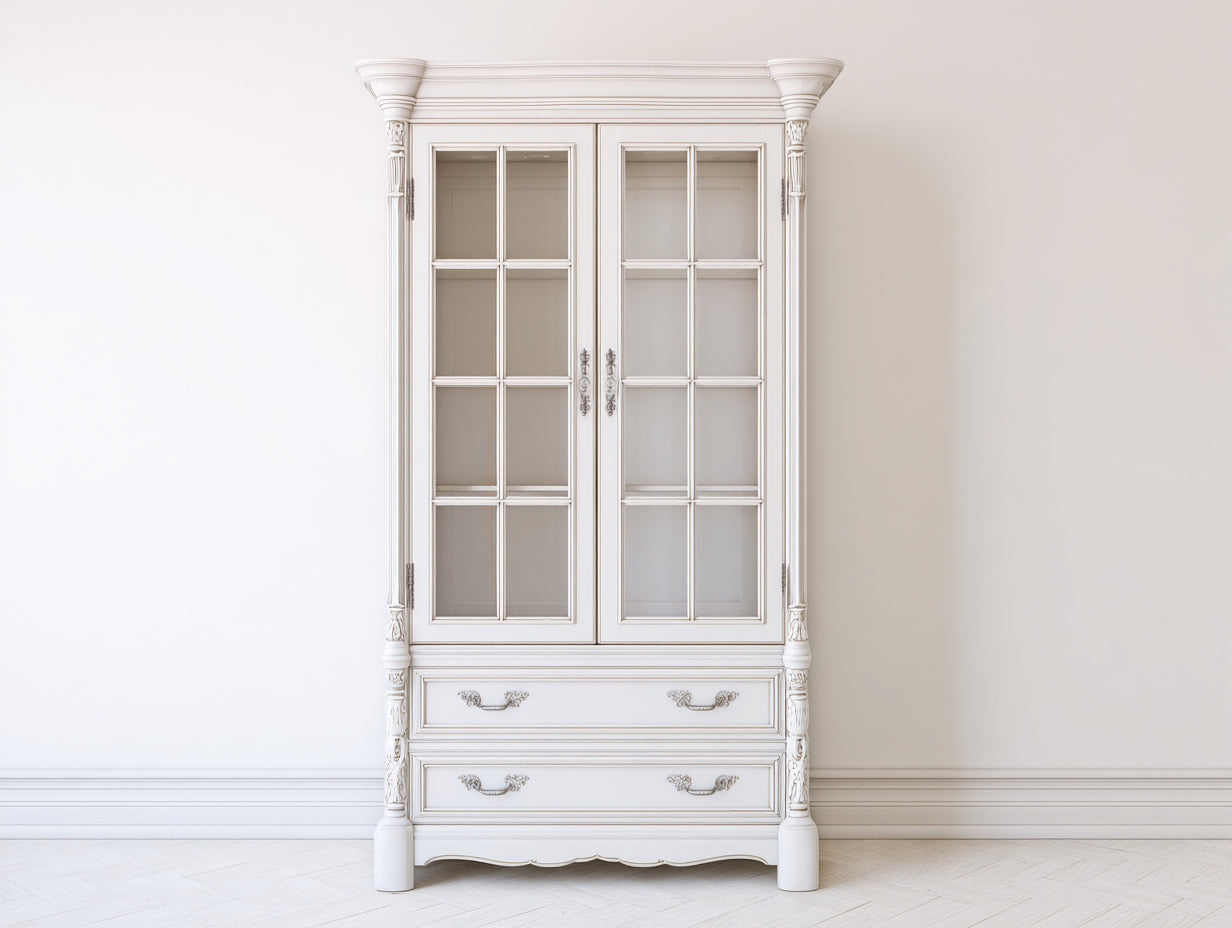 Vitrine en bois et verre avec tiroir 104x44x185 cm - blanc cassé - pour cuisine - style classique