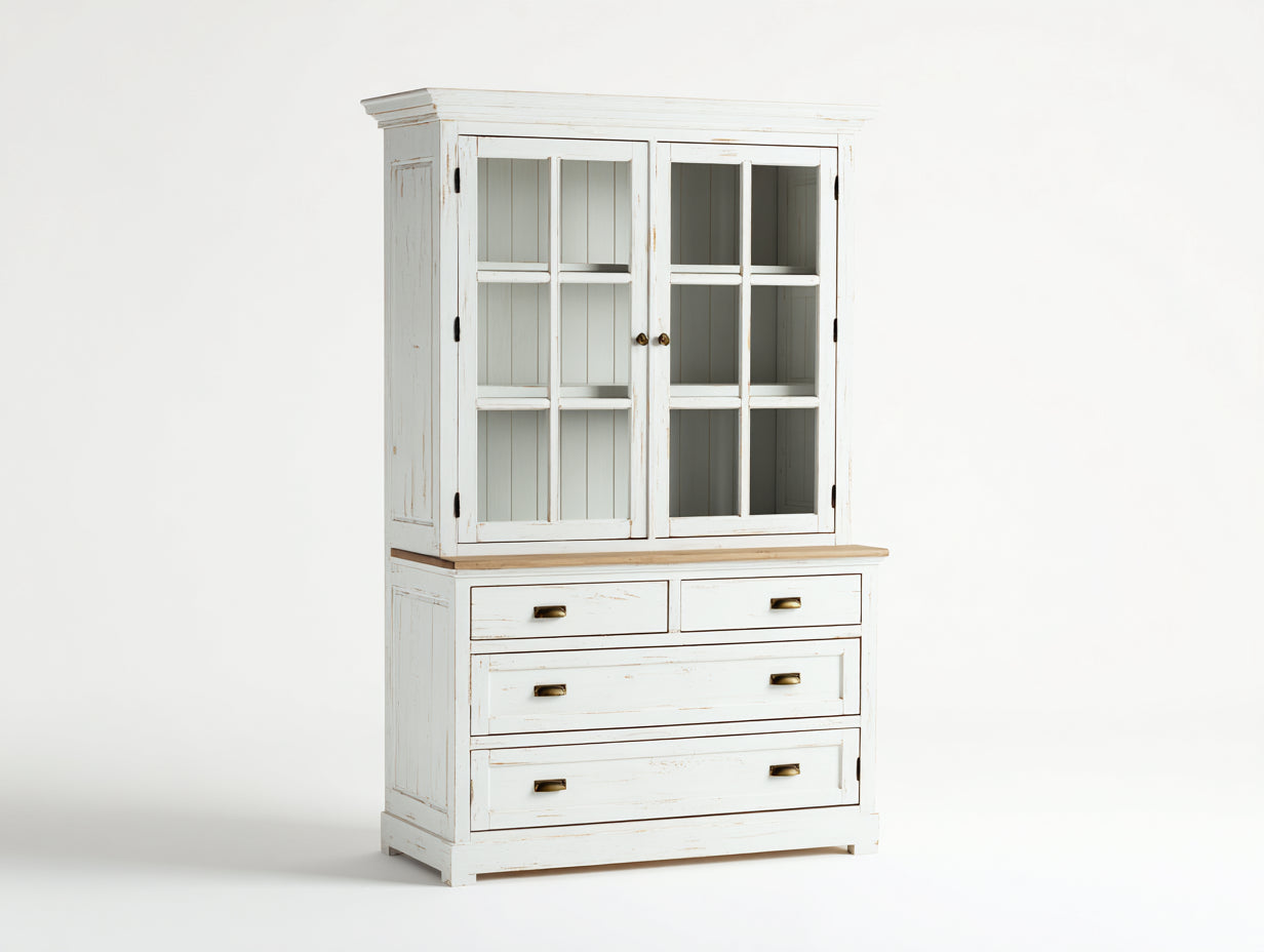 Vitrine en bois et verre avec tiroir 120x45x178 cm - blanc - pour cuisine - style classique