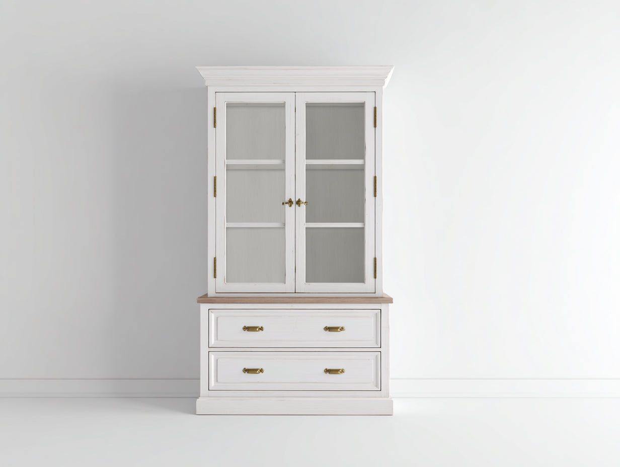 Vitrine en bois et verre 98x43x178 cm - blanc vieilli - style rustique classique - pour cuisine