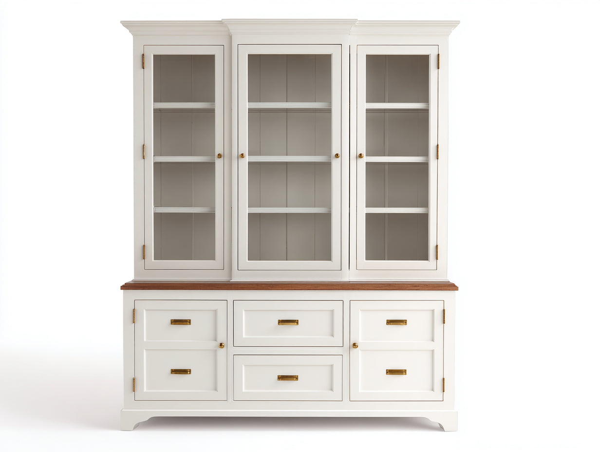 Vitrine en bois et verre 148x46x192 cm - blanc cassé et bois clair - style classique - pour cuisine