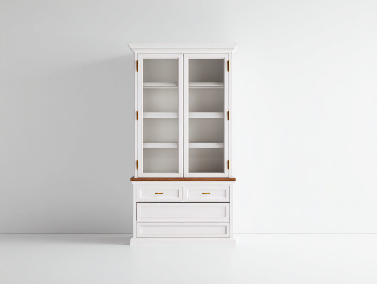 Vitrine en bois et verre 90x42x175 cm - blanc-brun-doré - pour cuisine - design classique